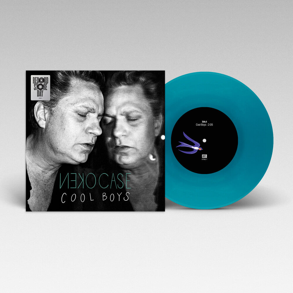 Vinyl record with a black and white cover featuring two faces and a blue record sleeve.