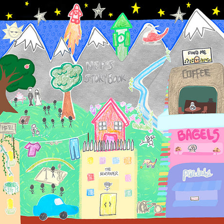 Colorful children's drawing titled 'Nep's Storybook' with various elements like houses, trees, and a coffee shop.