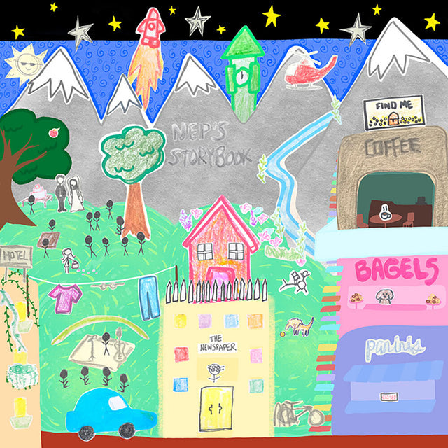 Colorful children's drawing titled 'Nep's Storybook' with various elements like houses, trees, and a coffee shop.