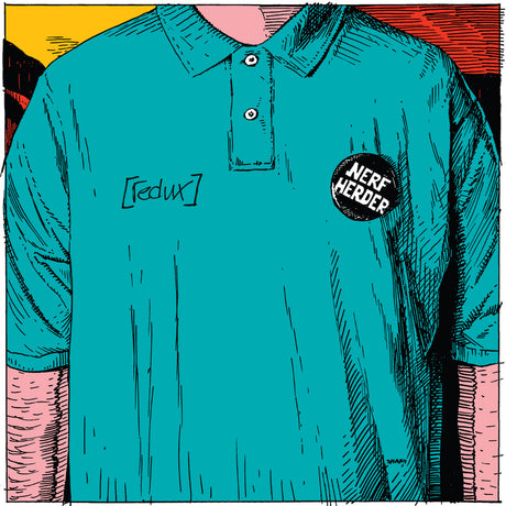 Teal polo shirt with Redux logo and 'Nerf Herder' button on a colorful background