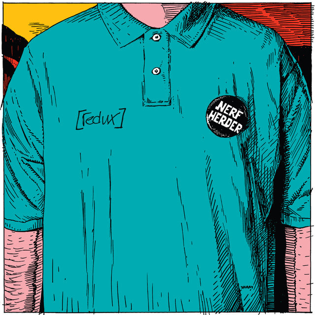 Teal polo shirt with Redux logo and 'Nerf Herder' button on a colorful background