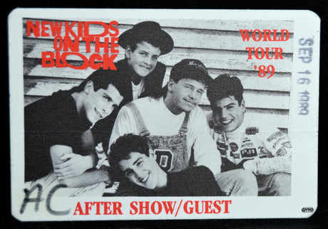 Backstage Pass for New Kids on the Block World Tour '89 featuring a group photo and event details.