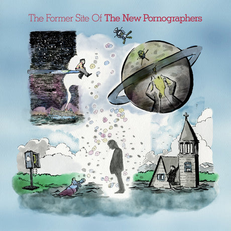 Illustrated album cover with various elements and text on a blue background