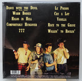 Back cover of a music album with band members and tracklist on a black background