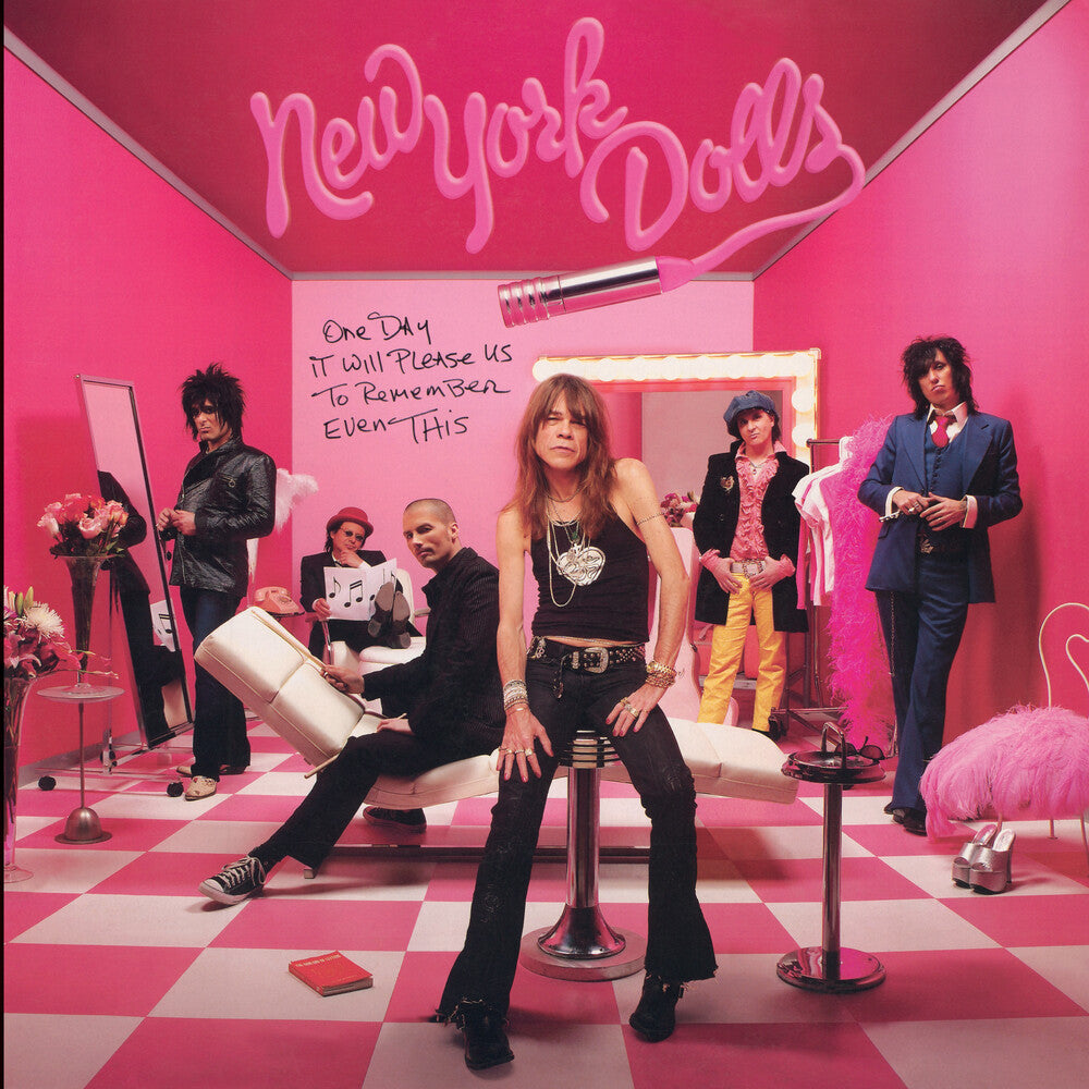 Album cover of 'New York Dolls' with band members in a pink room.