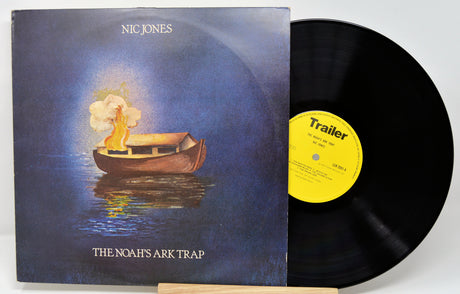 Front cover of Nic Jones The Noah's Ark Trap vinyl LP with illustrated burning ark and record