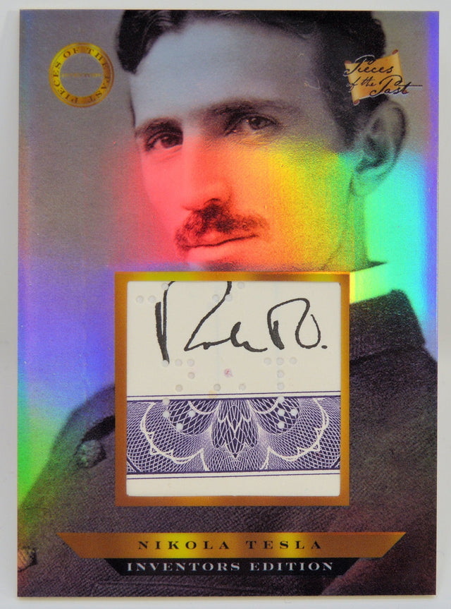 Holographic Nikola Tesla relic trading card with memorabilia and Tesla's image