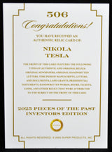 Certificate card confirming authentic Nikola Tesla relic card from 2025 Pieces of the Past Inventors Edition