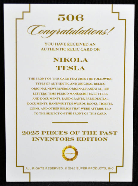 Certificate card confirming authentic Nikola Tesla relic card from 2025 Pieces of the Past Inventors Edition
