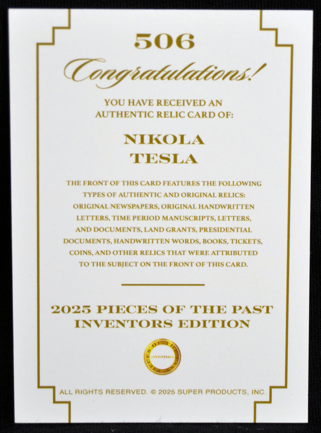 Certificate card confirming authentic Nikola Tesla relic card from 2025 Pieces of the Past Inventors Edition