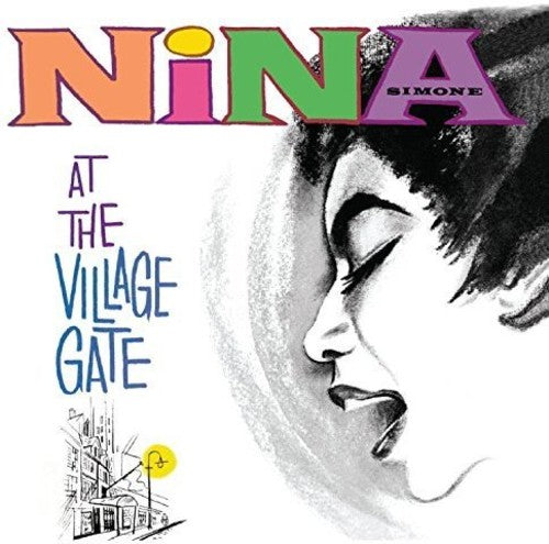 Nina Simone At The Village Gate album cover showing a stylized illustration of Nina Simone singing