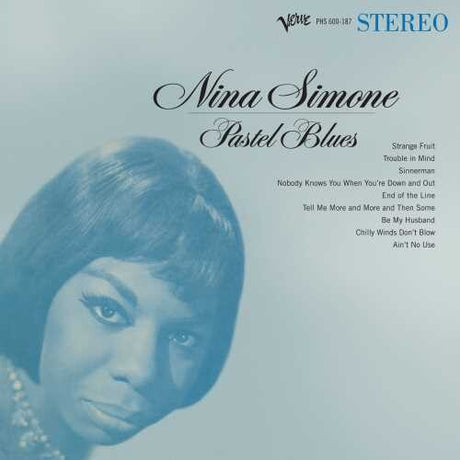 Album cover of Nina Simone's 'Pastel Blues' with a portrait and tracklist on a light blue background.