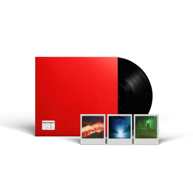 A vinyl record package on a white background, featuring a large red sleeve, a partially visible black record, and three small instant-style photo prints in front. 