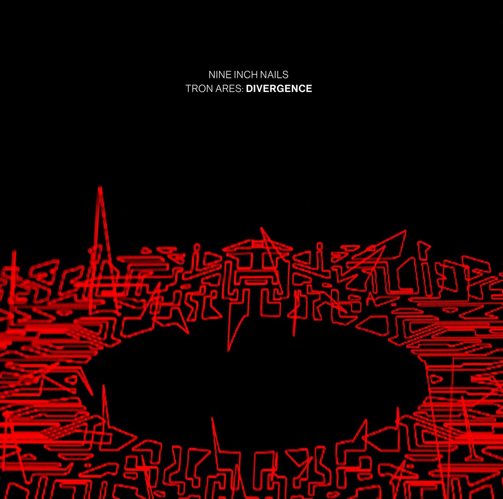 Album cover for Nine Inch Nails' 'Tron Ares: Divergence' with red geometric design on black background