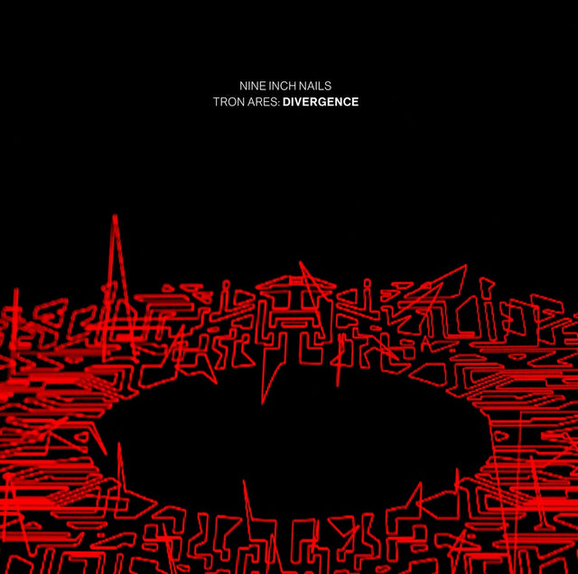 Album cover for Nine Inch Nails' 'Tron Ares: Divergence' with red geometric design on black background