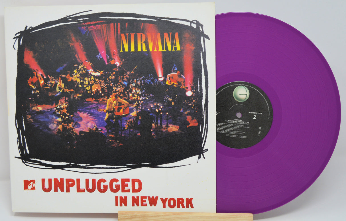 Purple vinyl record with 'MTV Unplugged in New York' Nirvana album cover
