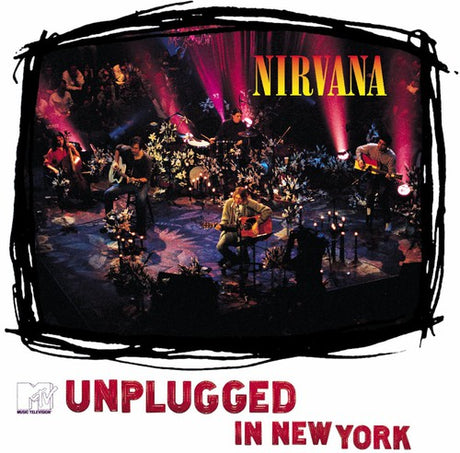 Cover art for Nirvana's 'Unplugged in New York' album, featuring a live performance with the band on stage.