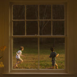 Two children running in a field as seen through a window.