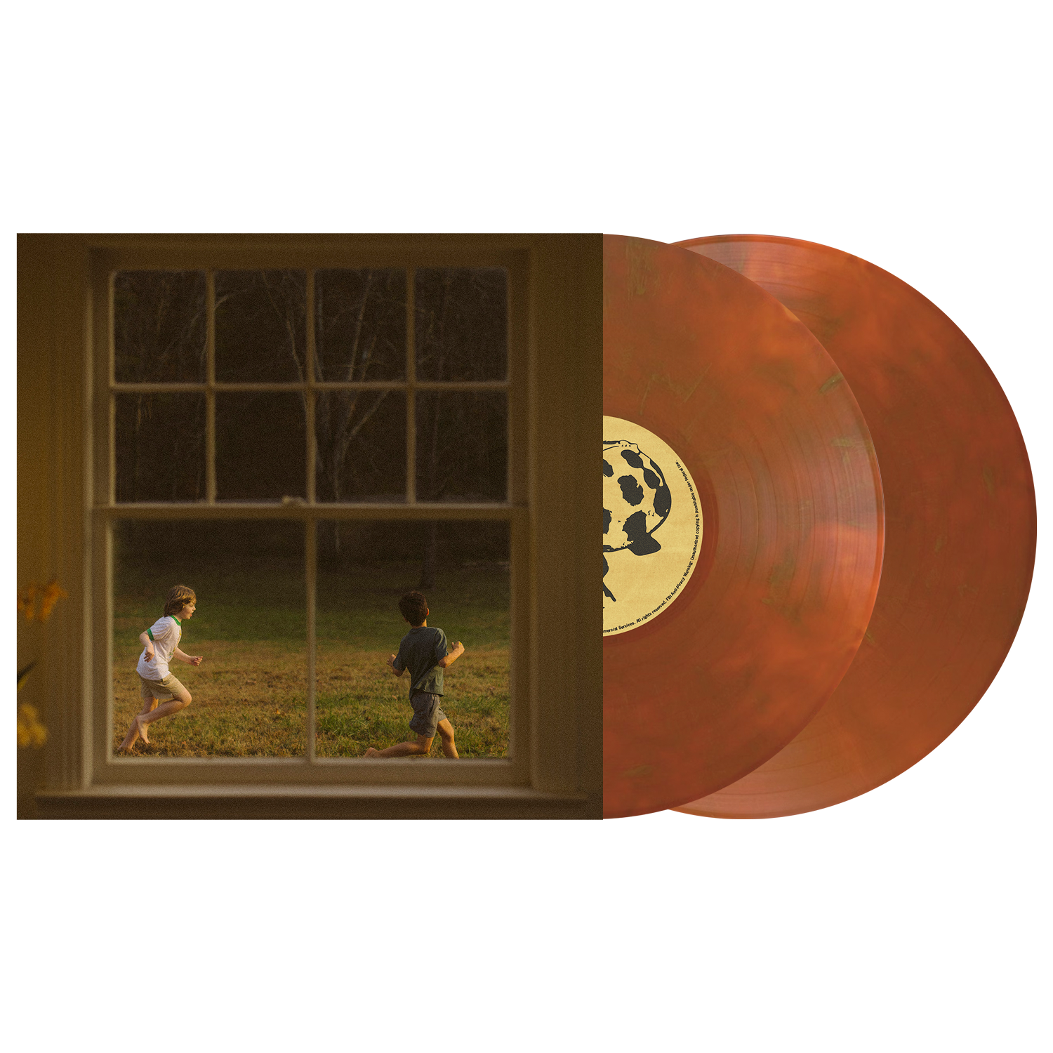 Vinyl records with a window view of two children playing outside.
