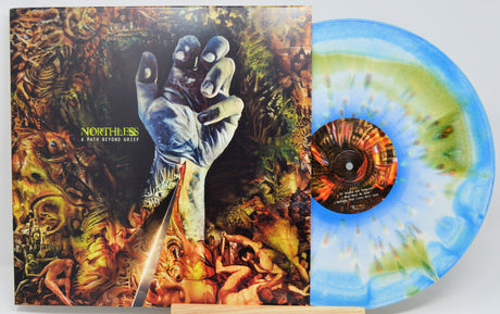 Front cover artwork and blue-green marble vinyl of Northless 'A Path Beyond Grief' LP