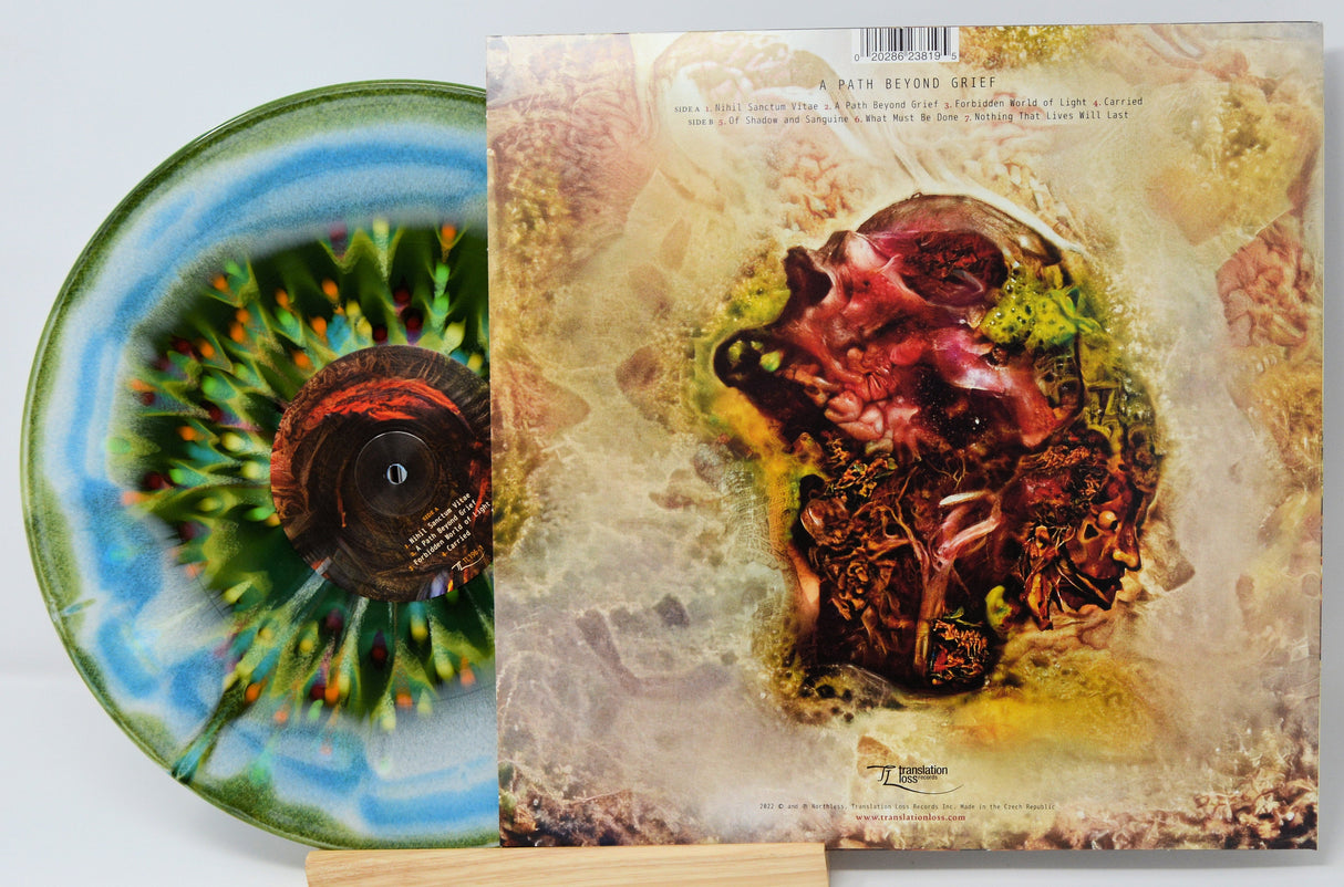 Back cover and vibrant blue-green swirl vinyl of Northless 'A Path Beyond Grief' LP
