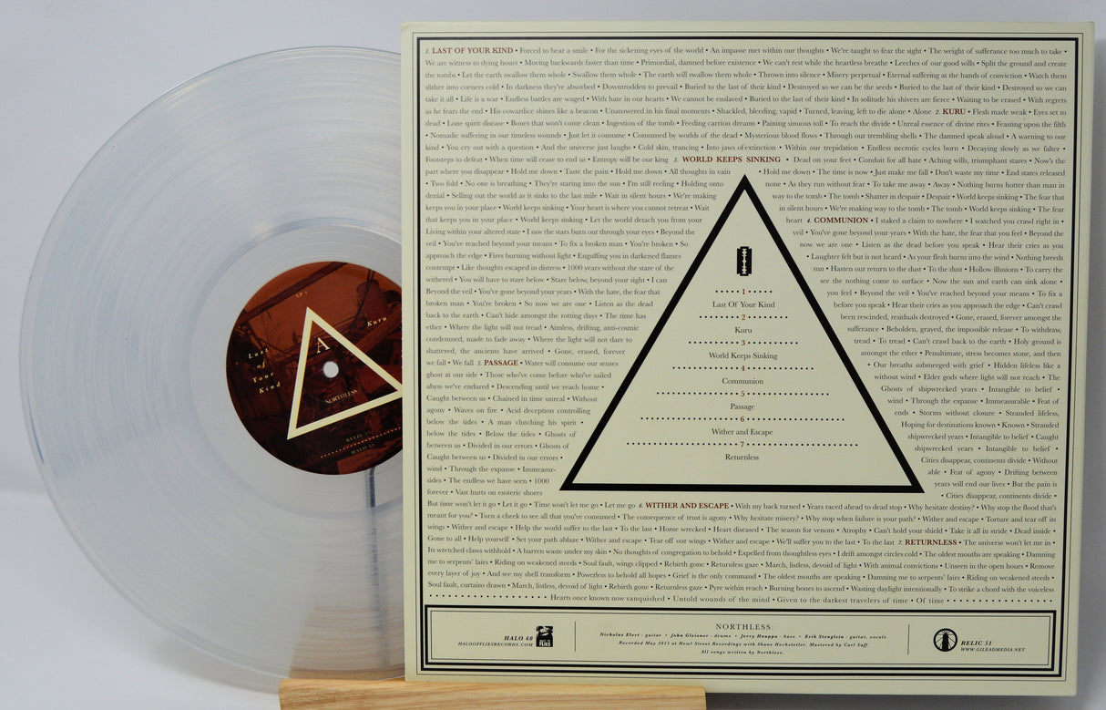 Back cover and clear vinyl record of Northless World Keeps Sinking featuring song titles and lyrics.