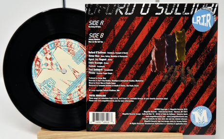 Vinyl record with a colorful label and black record on a white background