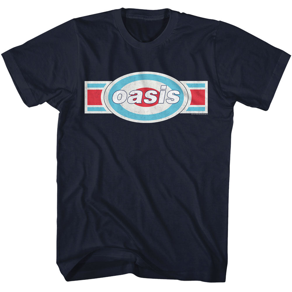 Navy blue t-shirt with 'oasis' logo on a white background
