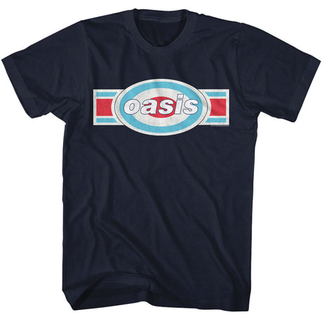 Navy blue t-shirt with 'oasis' logo on a white background