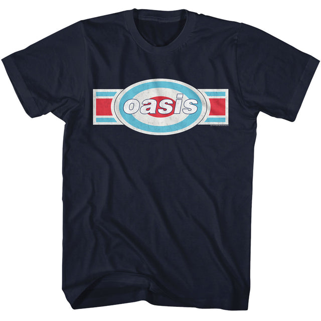 Navy blue t-shirt with 'oasis' logo on a white background
