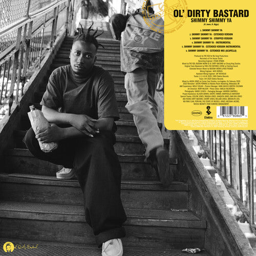 Ol' Dirty Bastard sitting on outdoor stairs holding a paper bag, with album info for Shimmy Shimmy Ya shown