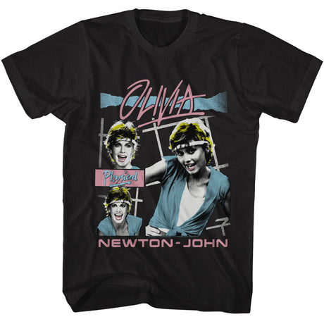 Black t-shirt featuring Olivia Newton-John in retro 'Physical' artwork with bold graphic design