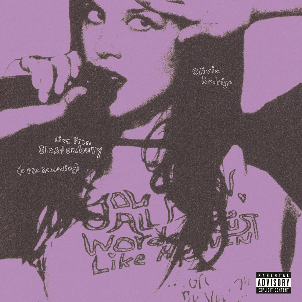 Close-up of Olivia Rodrigo Live From Glastonbury album cover in purple with hand-drawn text and retro style