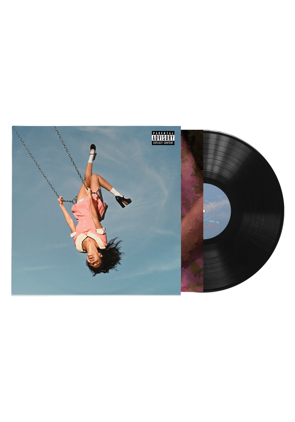 Vinyl record with a cover featuring an image of a person on a swing against a blue sky.