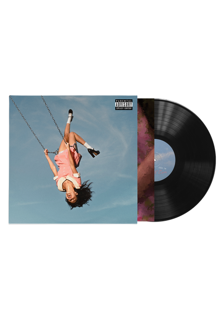 Vinyl record with a cover featuring an image of a person on a swing against a blue sky.