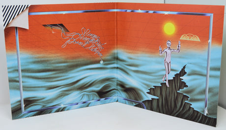 Greeting card with a person standing on a cliff over water and sunset design.