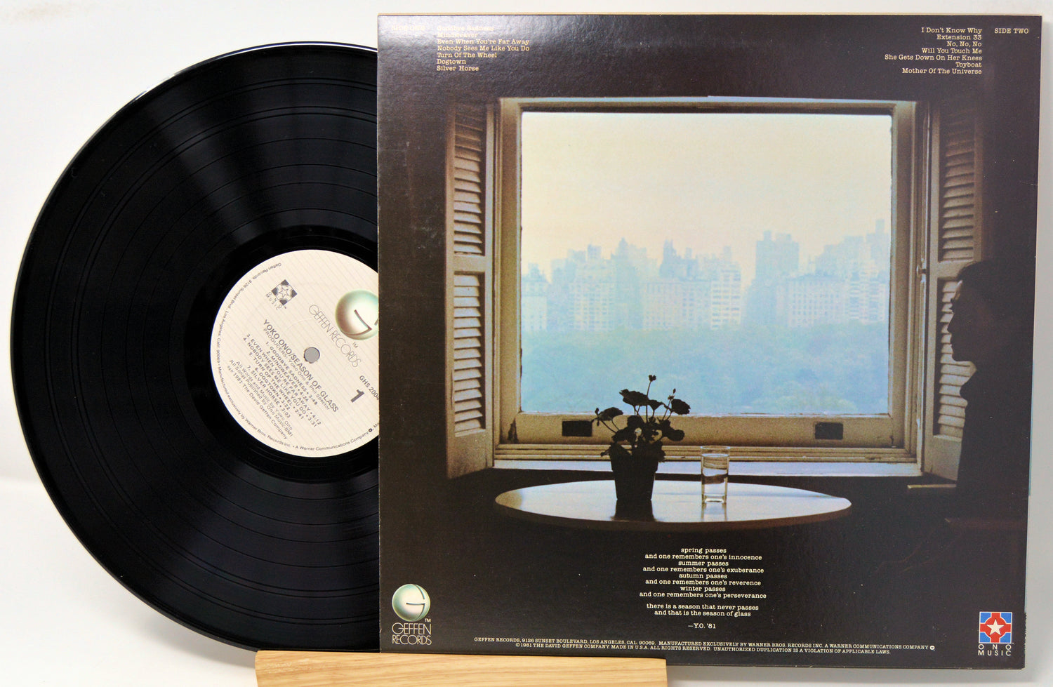 Yoko Ono vinyl album called Season of Glass showing the record and back cover.