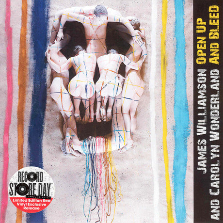 Artistic album cover for 'Open Up and Bleed' by James Williamson & Carolyn Wonderland, featuring human figures forming a skull.