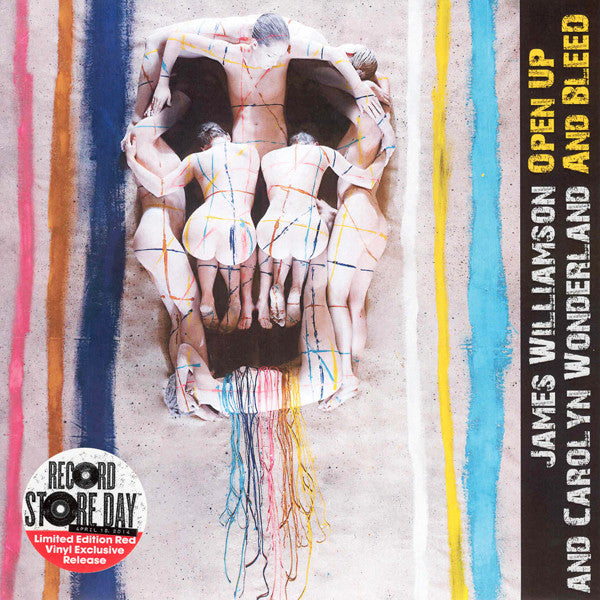 Artistic album cover for 'Open Up and Bleed' by James Williamson & Carolyn Wonderland, featuring human figures forming a skull.