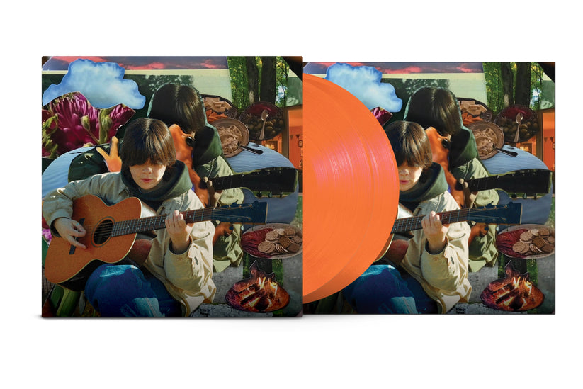 Orange vinyl record with folk-inspired collage cover featuring guitar player and campfire scene