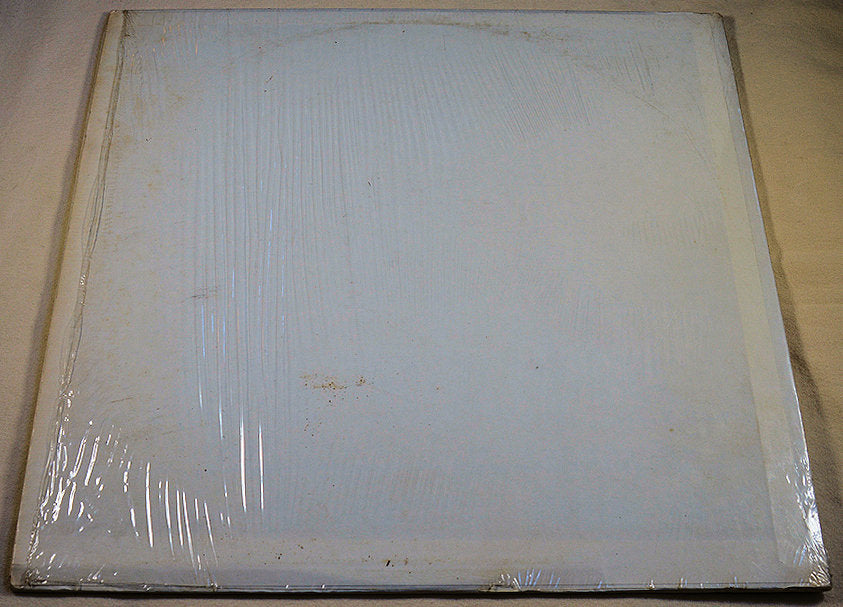 Plain white vinyl record sleeve in original shrink wrap, slightly aged
