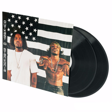 Outkast - Stankonia vinyl record album artwork featuring a photograph of the band members against a black and white flag backdrop.