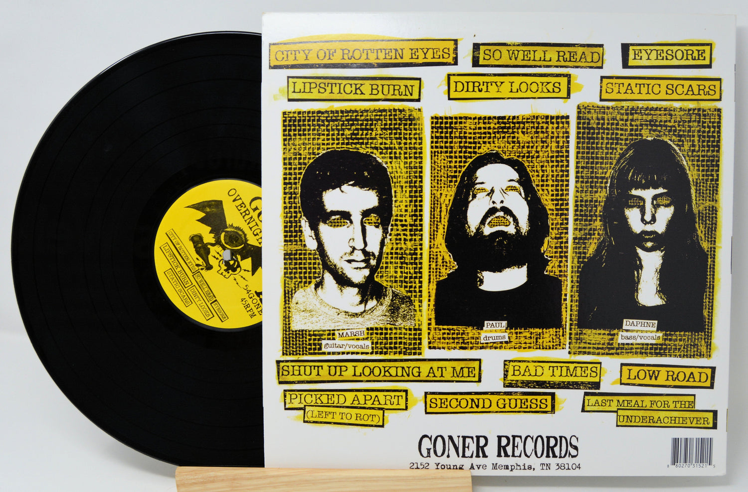 Back cover of Overnight Lows City of Rotten Eyes LP showing band members, tracklist, and Goner Records info