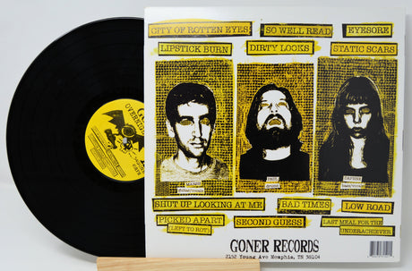 Back cover of Overnight Lows City of Rotten Eyes LP showing band members, tracklist, and Goner Records info