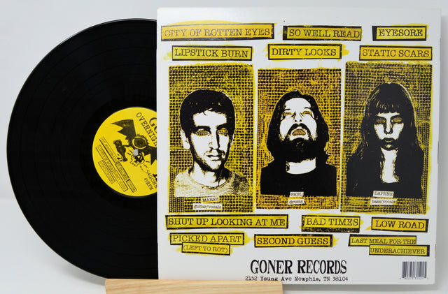 Back cover of Overnight Lows City of Rotten Eyes LP showing band members, tracklist, and Goner Records info