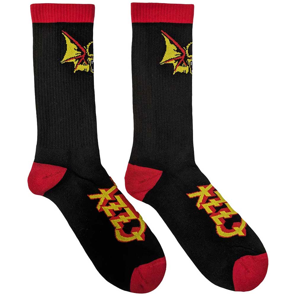 A pair of black Ozzy Osbourne branded bat socks with red trim.
