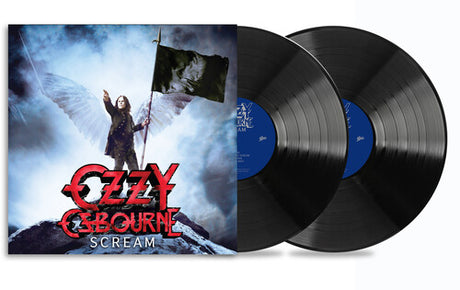 Two vinyl records with a 'Ozzy Osbourne Scream' cover featuring a person with a flag against a mountainous background.