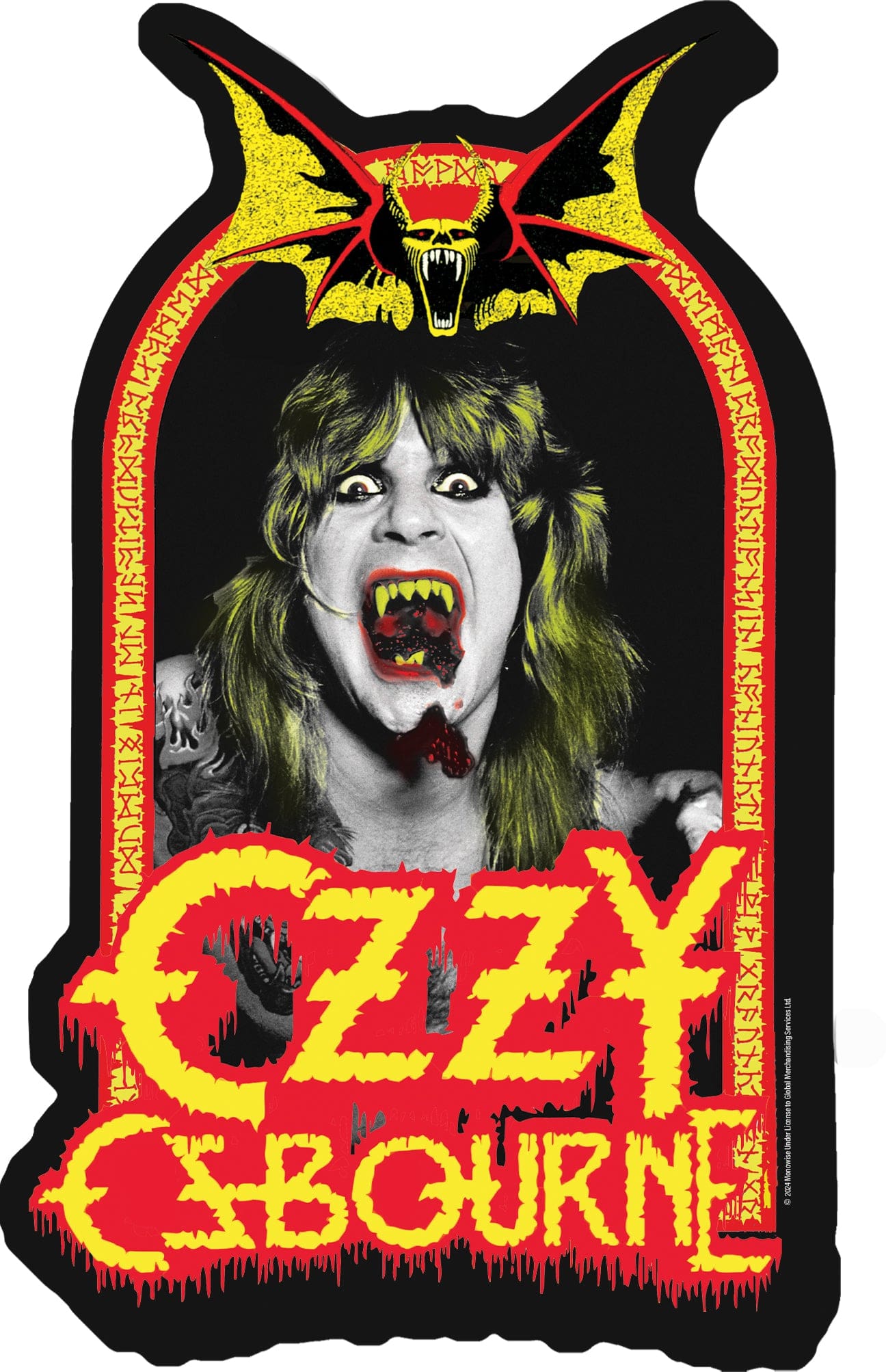 Ozzy Osbourne vampire-themed poster with yellow fangs, a bat graphic, and dripping bold yellow lettering