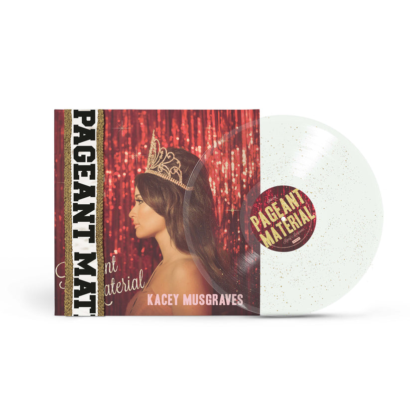 Pageant Material vinyl by Kacey Musgraves with red glitter backdrop and crowned profile cover art