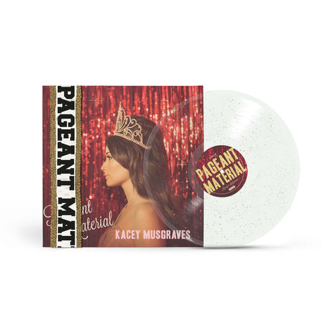 Pageant Material vinyl by Kacey Musgraves with red glitter backdrop and crowned profile cover art